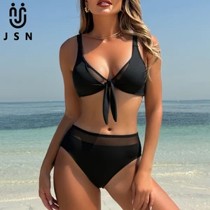 JSN 2026 Customized solid women's v neck two piece set bikini backless swimsuit high waist swimwear&beachwear for ladies