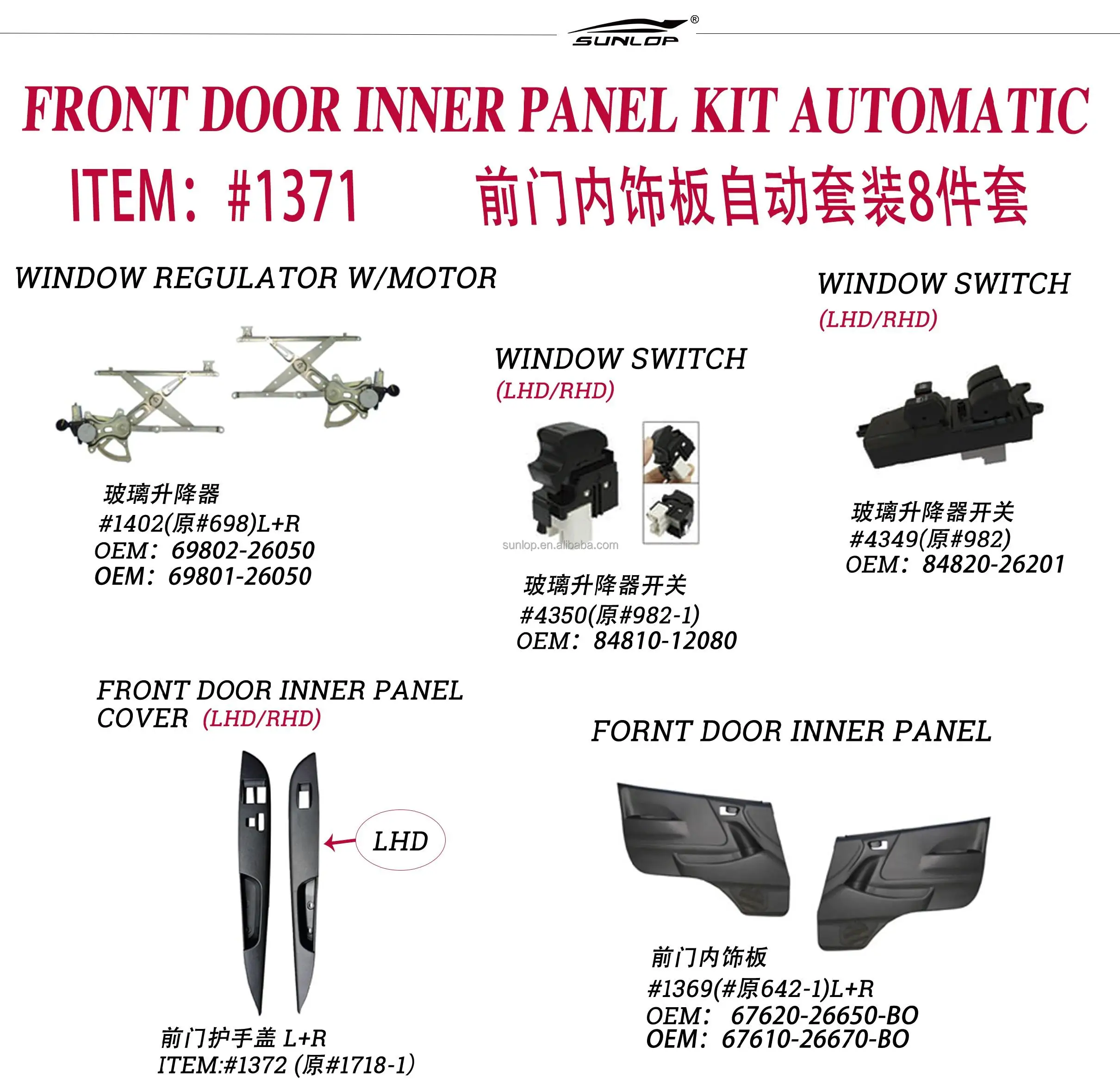 SUNLOP Hiace Auto Parts #1371 Front Door Inner Panel Kit-8pcs/set.Automatic. LHD & RHD for Hiace KDH 200