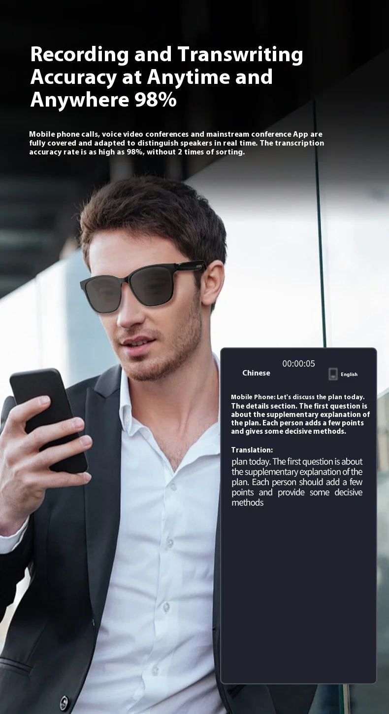 75 Languages Simultaneous Interpretation Real-time Meeting Smart AI Translation Headphones Black Polarized glasses