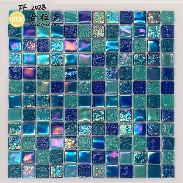 Rainbow Customize Square Blue brick Tile Pool Iridescent Tile Swimming Pool Glass Mosaic factory