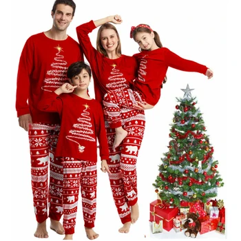 Hot selling cotton Christmas snowflake print women men children matching family round neck pajamas
