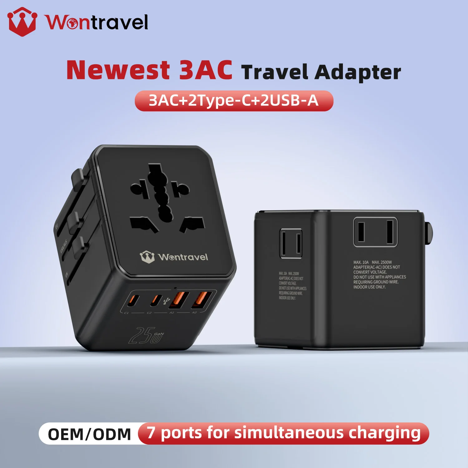 Wontravel Custom Logo 3AC Socket 25W GaN PD Universal Travel Adapter with Multi Plug 7-in-1 for Laptop & Camera