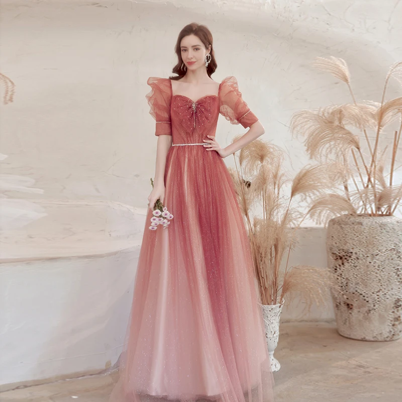 pink Mesh Party Dress Halter Bridesmaid Dresses Lady Strapless Evening  Dresses