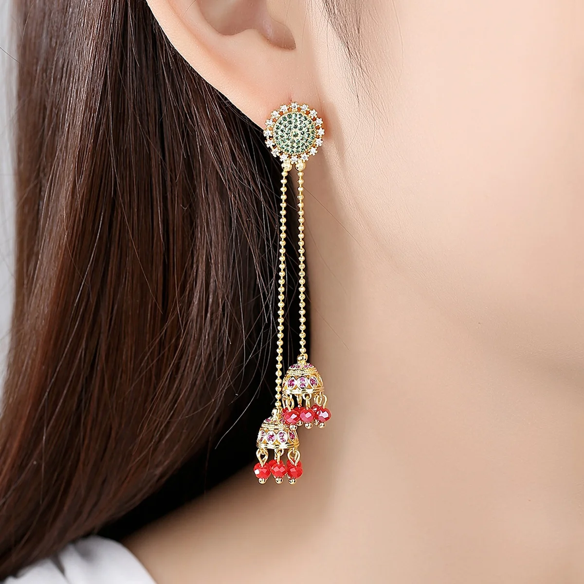 LUOTEEMI Attractive Design Colorful Indian Long Drop Earrings for Women Wedding Party Gold Color Fashion Jewelry