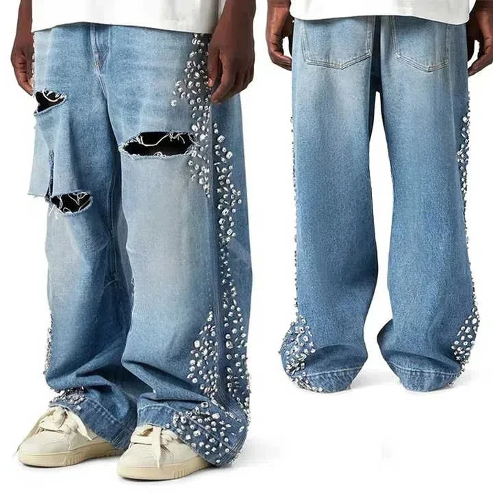 Salati Designer Y2K High Quality Wash Glitter Vintage Rhinestone Print Oversized Ripped Man Trousers Denim Pants Baggy Jeans Men