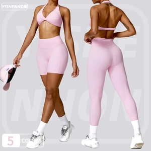 YISHENHON Custom Logo Seamless Activewear Gym Fitness Sets 3 Piece Crop Sports Bra Gym Leggings Workout Sets for Women