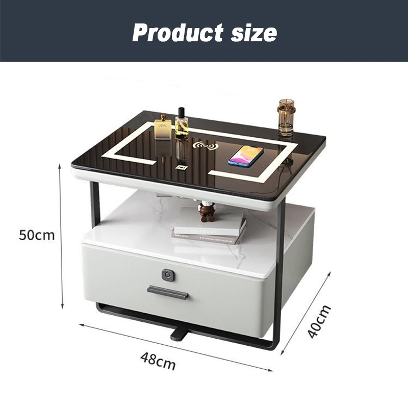 Smart Bedside Table Wireless USB Charging Modern Bedroom Speaker LED Nightstand with Fingerprint Lock Bedside Table