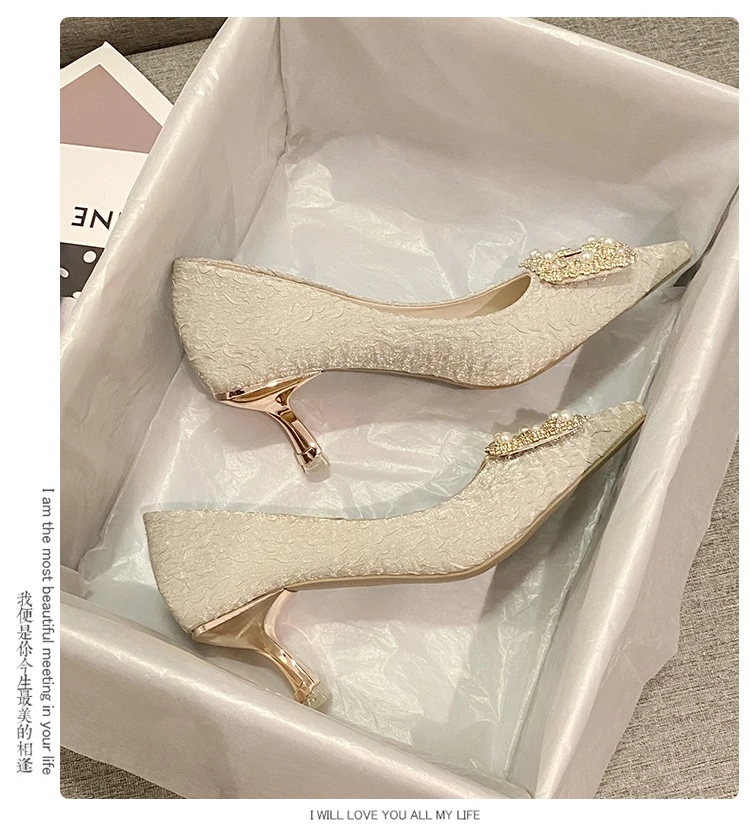 Tacón Alto Zapatos De Tacon Con Perlas Vestido De Tacón Bajo Y Puntiagudos  Para Mujer, Zapatos De Boda De