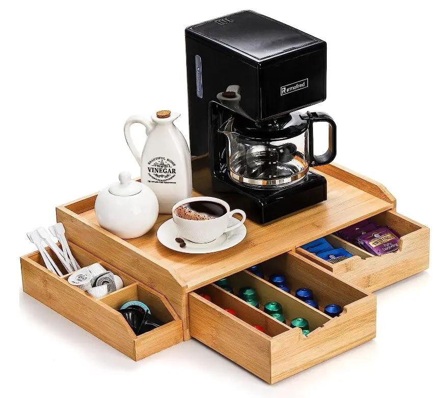 Organiseur De Bar à Café En Bois De Ferme – Station De Comptoir Avec Tiroir, Support Pour Dosettes Et Panier De Rangement