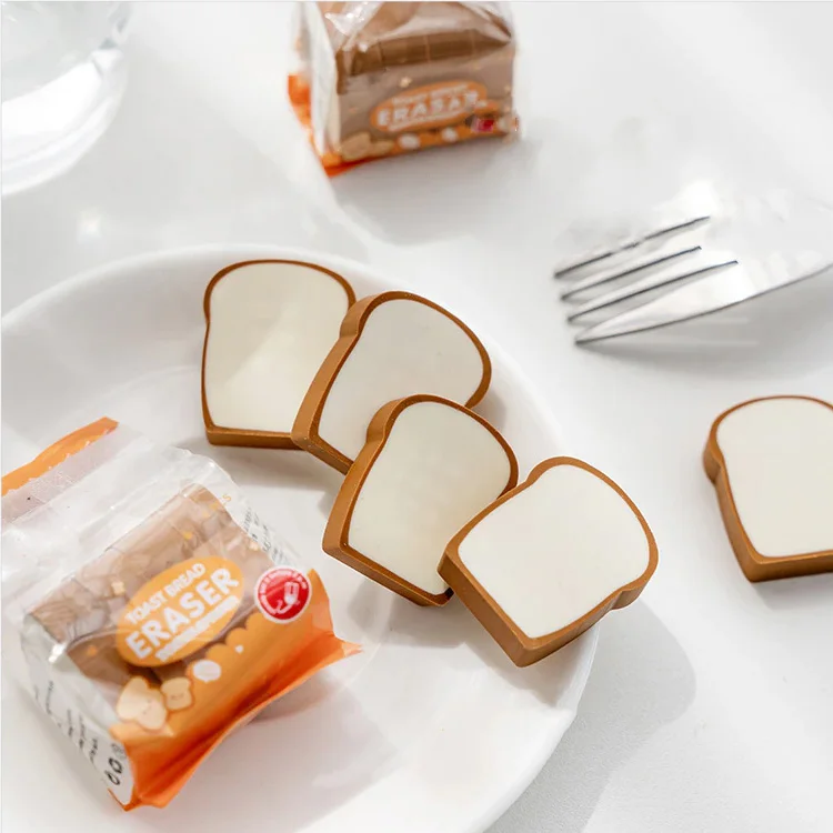 Необычный дизайн творческие канцелярские принадлежности из термопластичной резины маленькие тосты хлеб кавайные ластики милые 3D в форме еды набор ластиков для детей