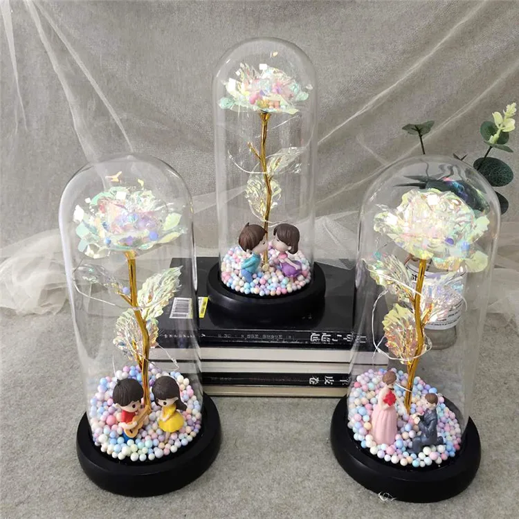 New Style Christmas Tree Toy Gold Rose Flower Doll Glass Cover Decoration Led Light Gift With Package