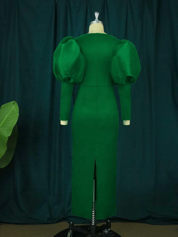 Fashion Design Puff Sleeve Dress Elegant Women Green Formal Dress Ladies  Green Dresses