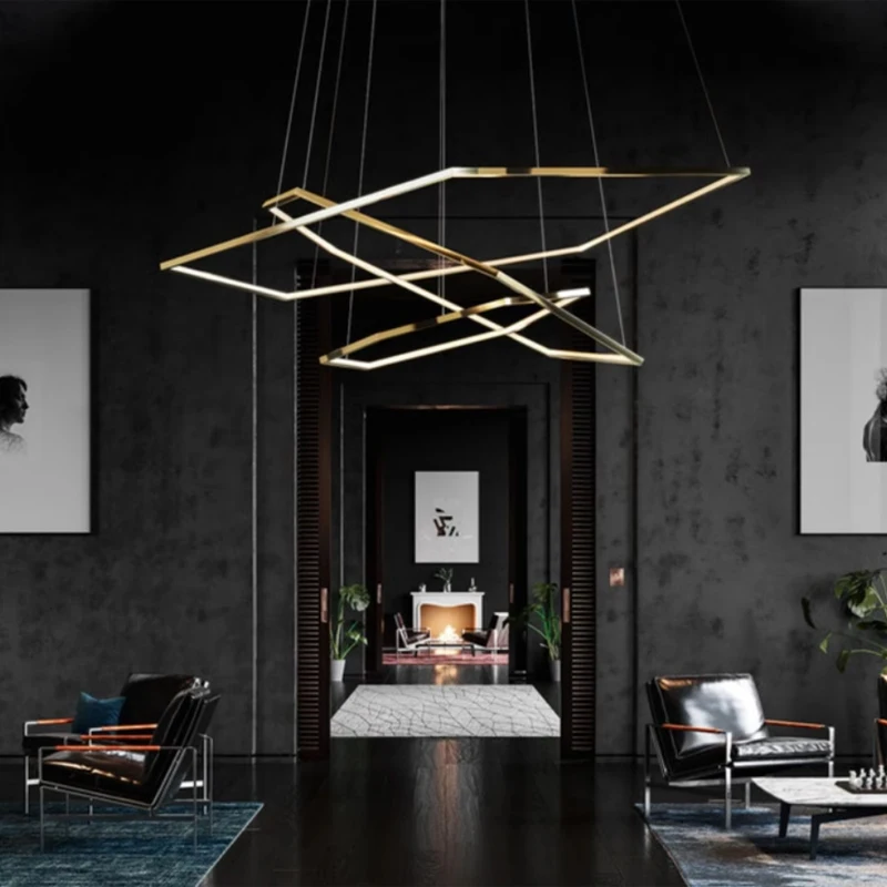 3 Ring Stainless Steel Hexagon Linear Led Pendant Light Living Room Large Nordic Modern Gold Luxury Chandelier