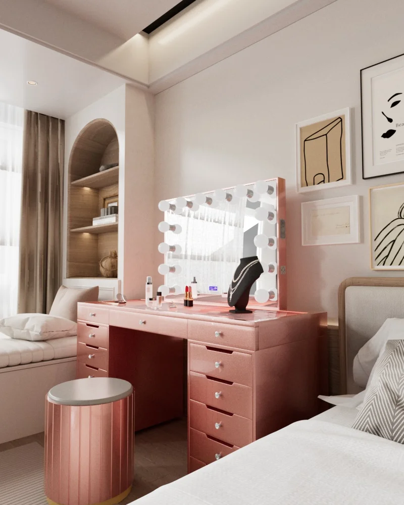 rose gold mirror dressing table Ultra-glossy Mdf Bedroom Modern Luxury Color With Led Style Illuminated Makeup Vanity Birthday Celebrations