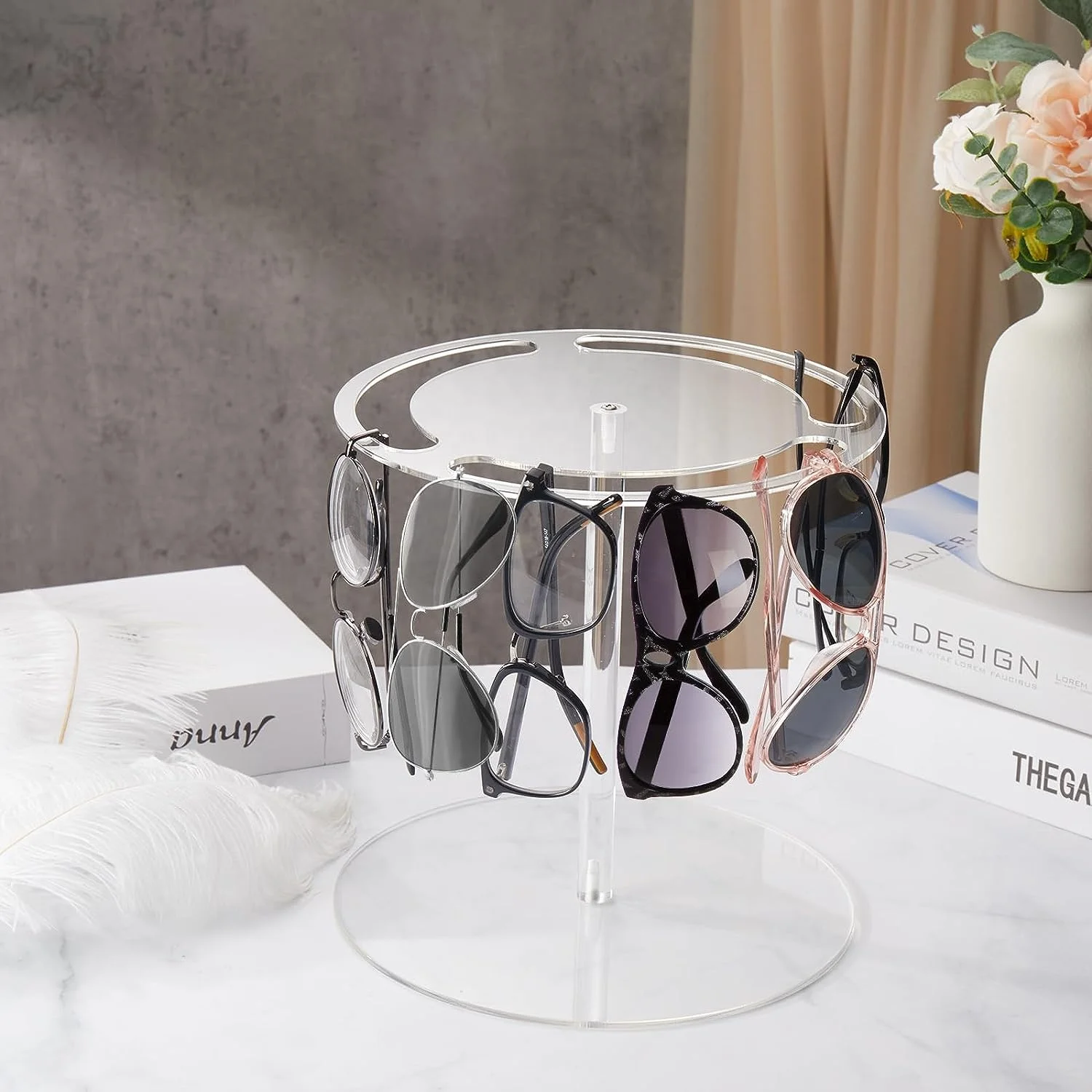 thumbnail image 2 of Acrylic Sunglass Organizer Stand With 360 Rotating, Eyeglasses Display Rack Black Glass Tabletop Organizer For Up To 12 Pairs Of Eyewear Glasses For Table Dresser Desk Bedroom, Transparent 2 of 10