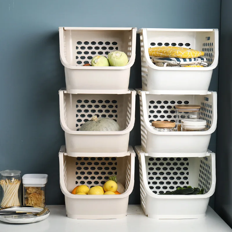 Multifunctional floor shelf large stackable kitchen plastic square lattice fruit and vegetable storage basket thickened