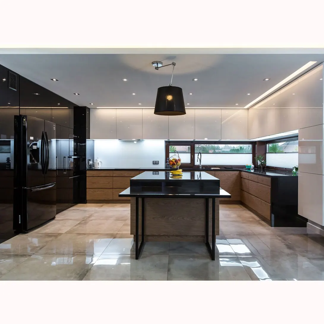 America Cherry Wood Veener High Gloss Matte Black Wood Kitchen Cabinet