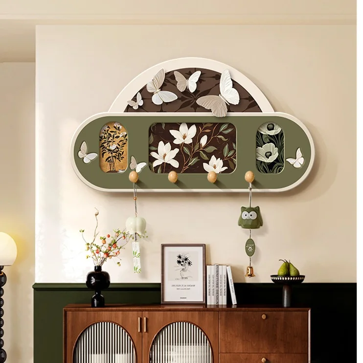 Vintage Floral Wall Hook Decor With 3D Butterflies Green Brown Prints Minimalist Home Living Room Entryway Coat Hanger