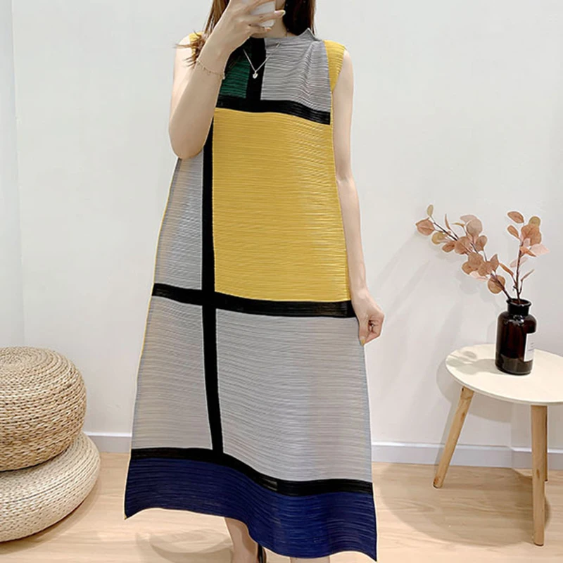 Getspring O Neck Sleeveless Casual Loose Oversized Spring New Ruched Patchwork Hit Color Dresses