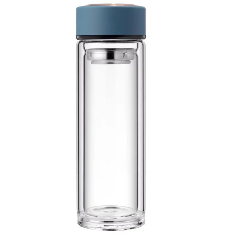 Custom Private Label Fruit Infuser Portable Glass Water Bottle with Tea Filter Double Wall High Borosilicate Glass Tea Bottle