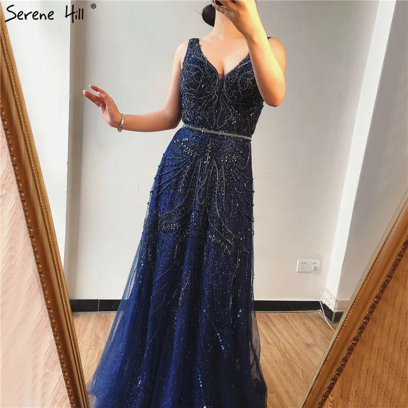 Rose Gold V Neck a Line Pearls Beaded Sleeveless Prom Dresses Serene Hill  LA70287 Glitter Evening Party Gowns for Women Rts