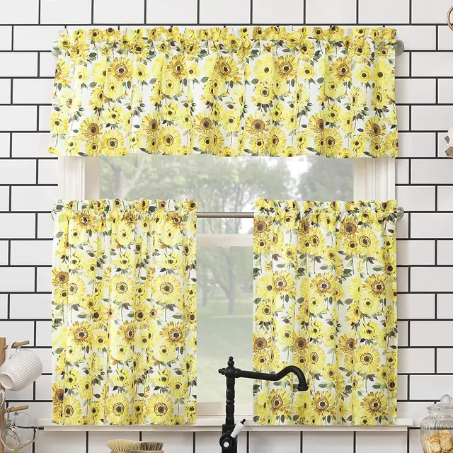 Sunflower Print Semi-Sheer Rod Pocket Kitchen Curtain Valance and Tiers Set,window curtains valances,American blinds