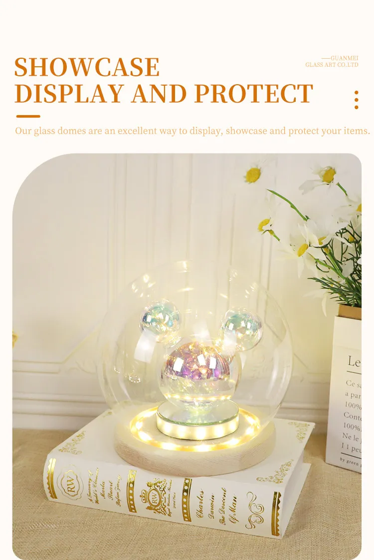 Wholesale led lighting up clear glass dome hand blown table ornament display glass dome for preserve decor details