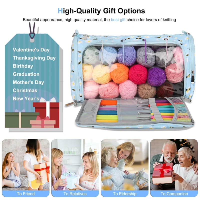 Portable Knitting Tote Bag - Yarn Storage Organizer With Flower Pattern For Knitting & Crochet Supplies