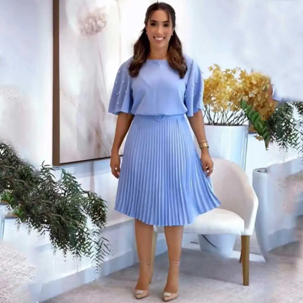 M6051 Elegant Light Blue Pleated Midi Dress Breathable and Eco-Friendly  Chiffon Fabric