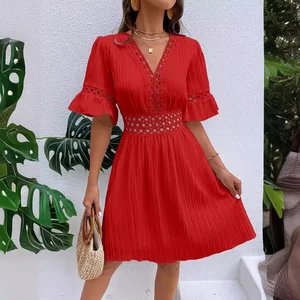 Women's Summer New Patchwork Lace Fashionable Dresses Women Custom V-neck Waist Cinched Solid Color Dress