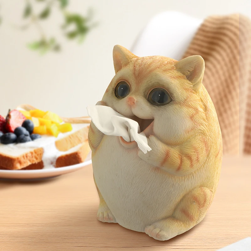 Cute Cat Tissue Box Cover Desk Statue Resin Decor Dispenser Box Case with Figurine Grey Tissue Holder Design Style