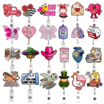 Custom Badge Reel Glitter Acrylic Rotatable ID Holder with Belt Clip and Keychain
