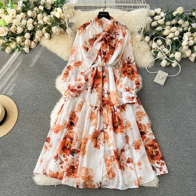 ZT1305 2024 Elegant early spring new French temperament bow collar waist slimming mid-length vintage print dress