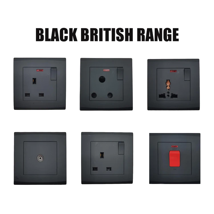 British Standard PC Black 250V 13A Round 3 Pin Switch Wall Socket With Neon Indicator Light