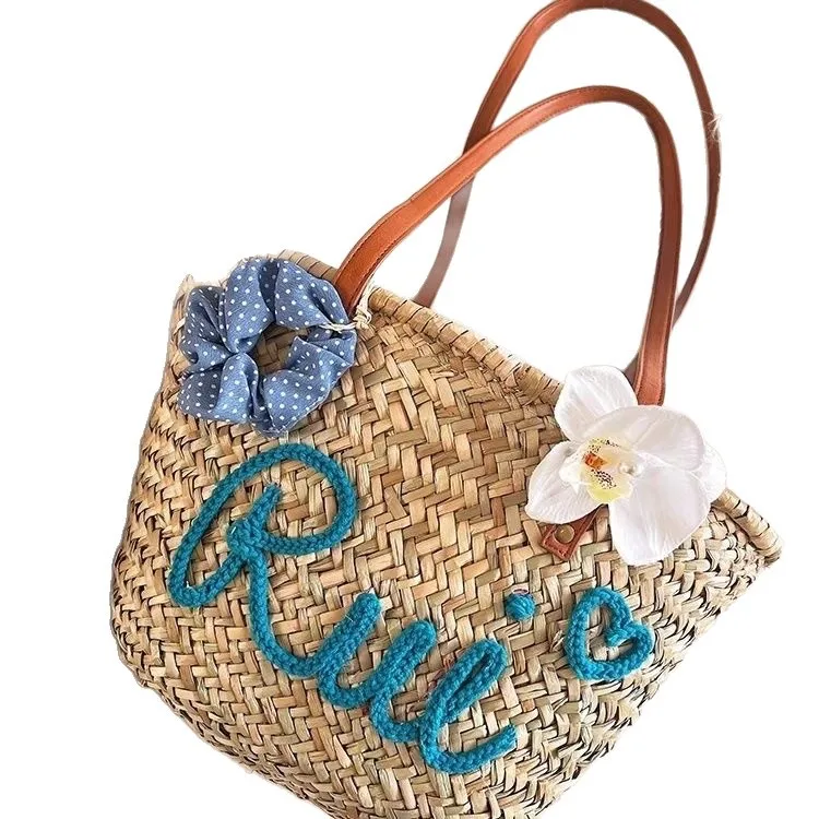 Set Letter Straw Bag Sweet Flower Seaside Vacation Water Grass Woven Single Shoulder Large Capacity Tote Beach Linen Summer 2025