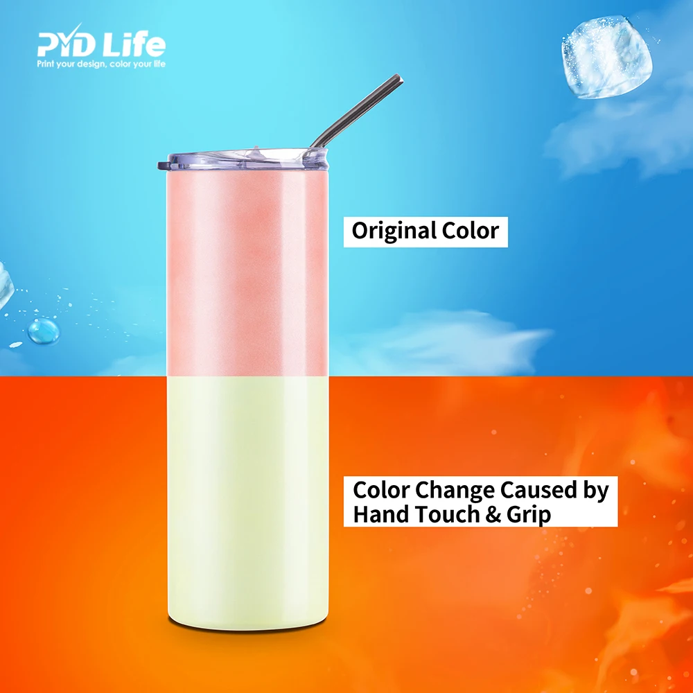 PYDLife Wholesale Heat Sensitive Color Changing 20oz 600ml Skinny Tumbler Sublimation Chameleon Skinny Tumbler with Metal Straw