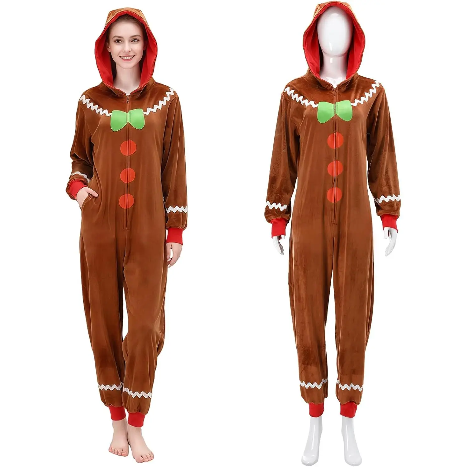 YUIQPKJX Gingerbread Zipper Onesie Unisex Fleece Pajamas Christmas Hooded Costume Sleepwear for Men Women