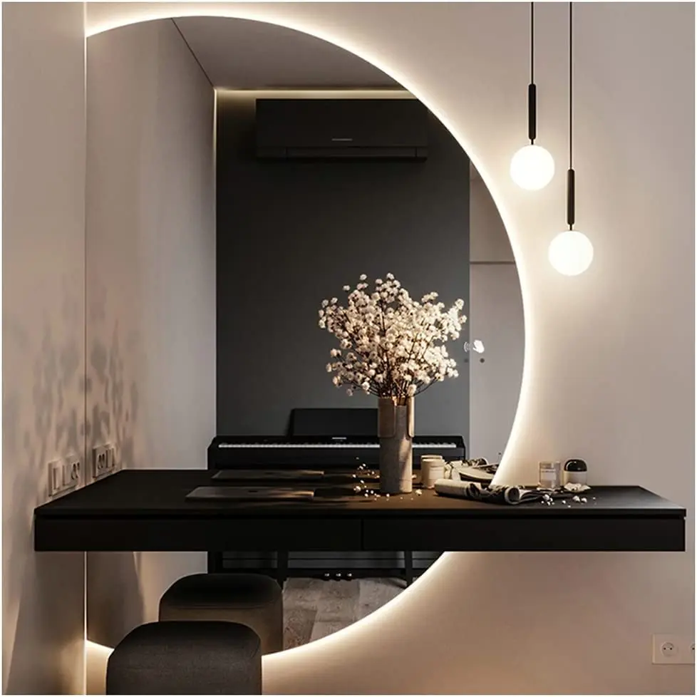 New Designs Modern Decorative Wall Irregular Half Circle Led Light Touch Sensor Switch Mirror for Bathroom