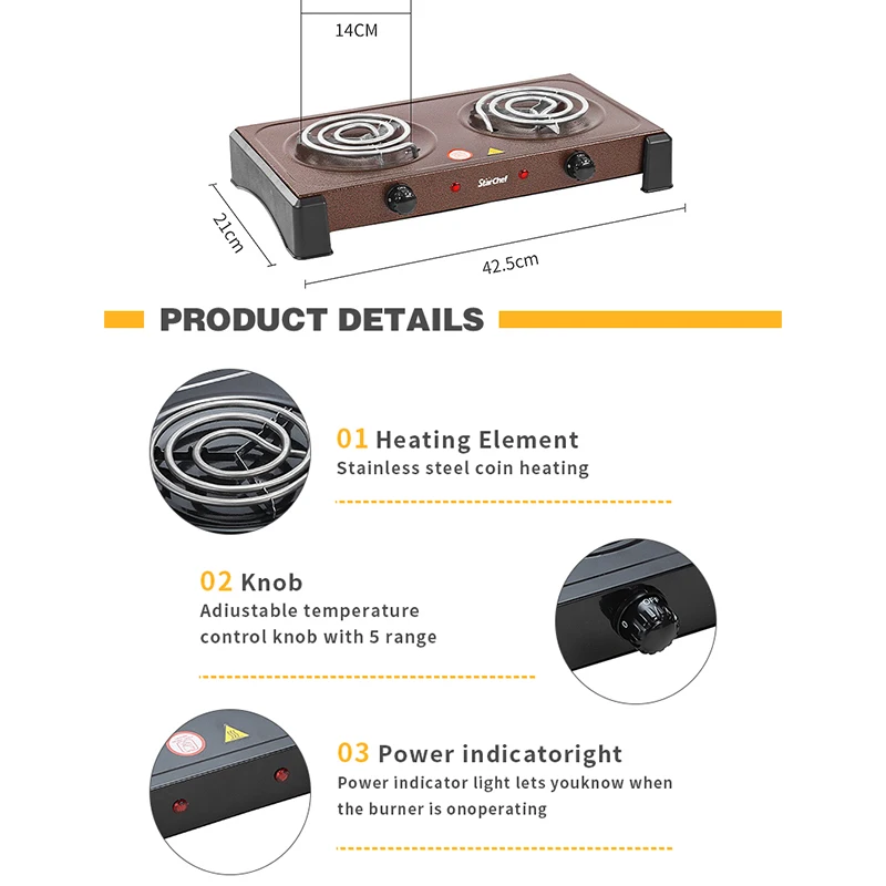 Factory Prices Fast Heating Portable 2000W High Power Two Spiral Plate Electric Coil Stove