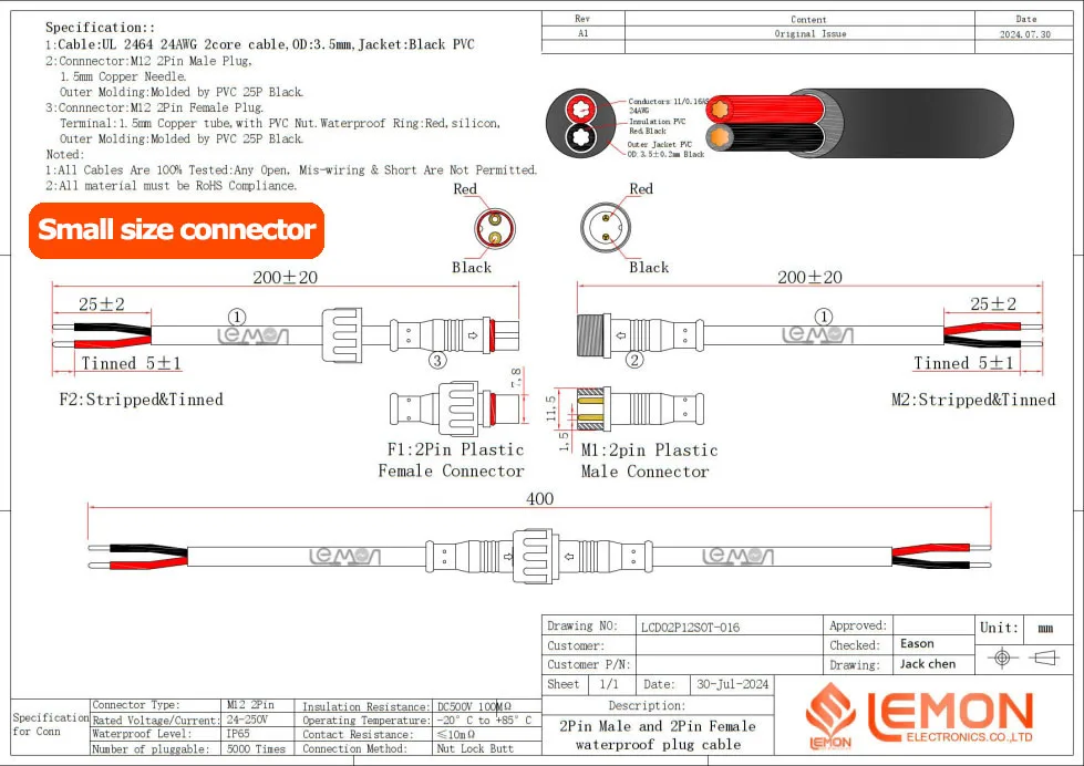 Produktbild von 5 Paar IP65 Wasserdichte 2-Pin LED Stecker & Buchse, 22AWG, 20cm Kabel, Für 12V DC LED Strips & Kameras