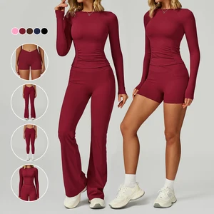 Custom Logo Womens Running Naked Tight-Fitting Gym Sets Long Sleeve Slim Elastic Yoga Top Leggings 4 Piece Sports Fitness Sets