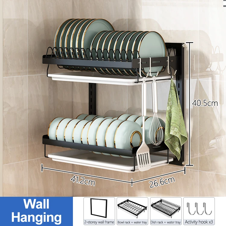 wall mounted 2 tier kitchen over the sink dish bowl pan rack hanging  storage holder shelf