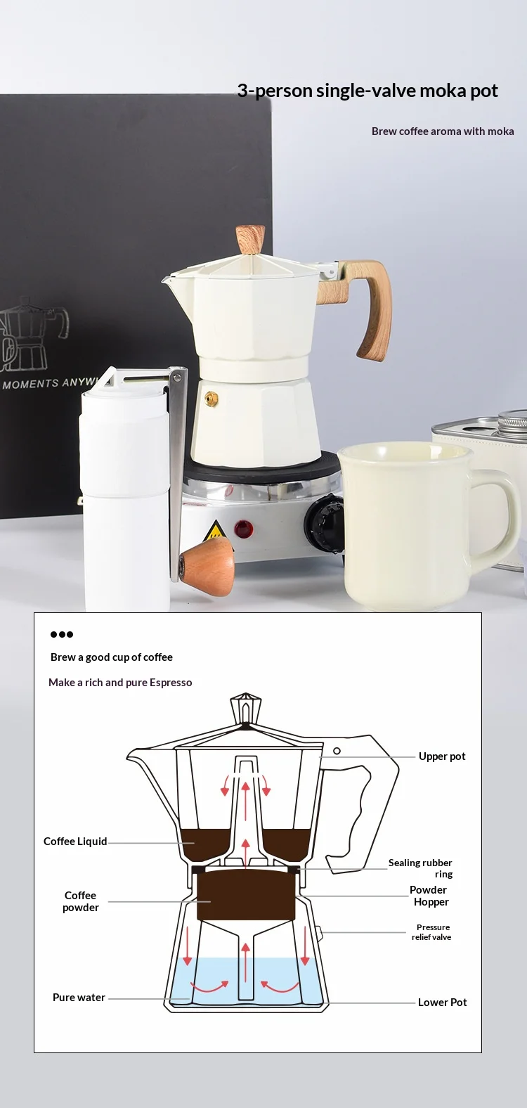 Modern 8 Pieces Moka Pot Coffee Gift Set with Manual Coffee