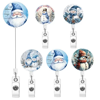 Fashion Round Acrylic Snowman Santa Claus Christmas Badge Reel for School Office Decoration Supplies