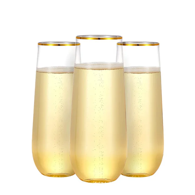 9 Oz Disposable Plastic Stemless Champagne Flutes With Gold Rim For Any Party