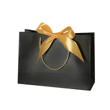 Premium Ribbon Unique Printed Luxury Black Paper Shopping Customised Small Jewelry Gift Bag With Custom Logo