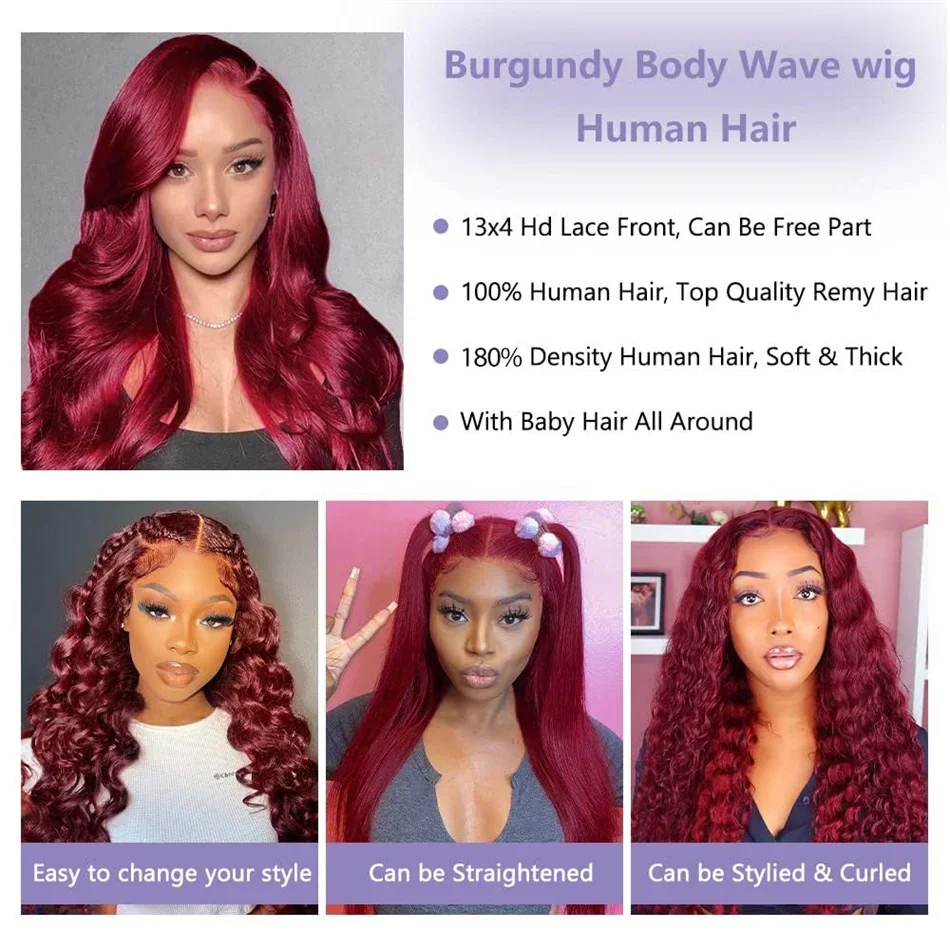 Burgunder Rote Body Wave Lace Front Echthaarperücke Glueless_voghion.com
