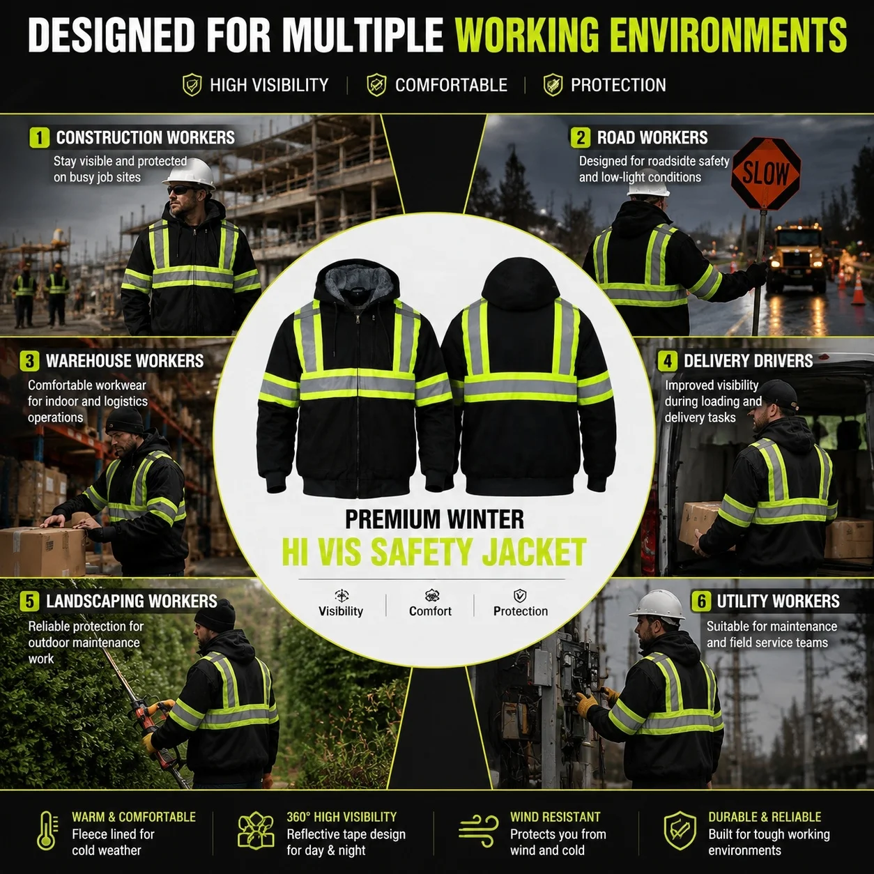 Custom Logo High Visibility Reflective Safety Hoodie Sweatshirt Zip up Fleece Lined Workwear for Construction