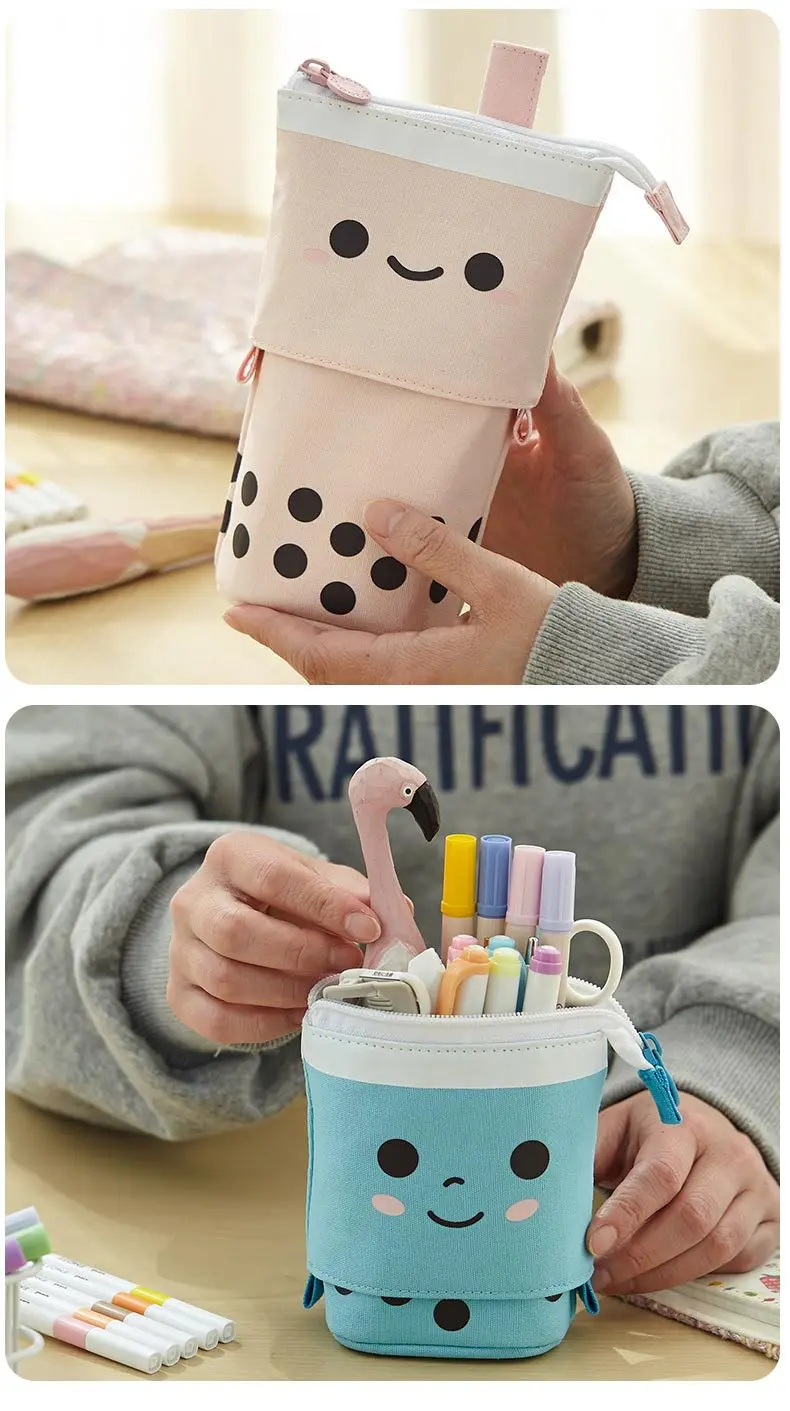 Hot Sale School Creative Drop-down Stackable Round Canvas Telescopic Pencil Bag