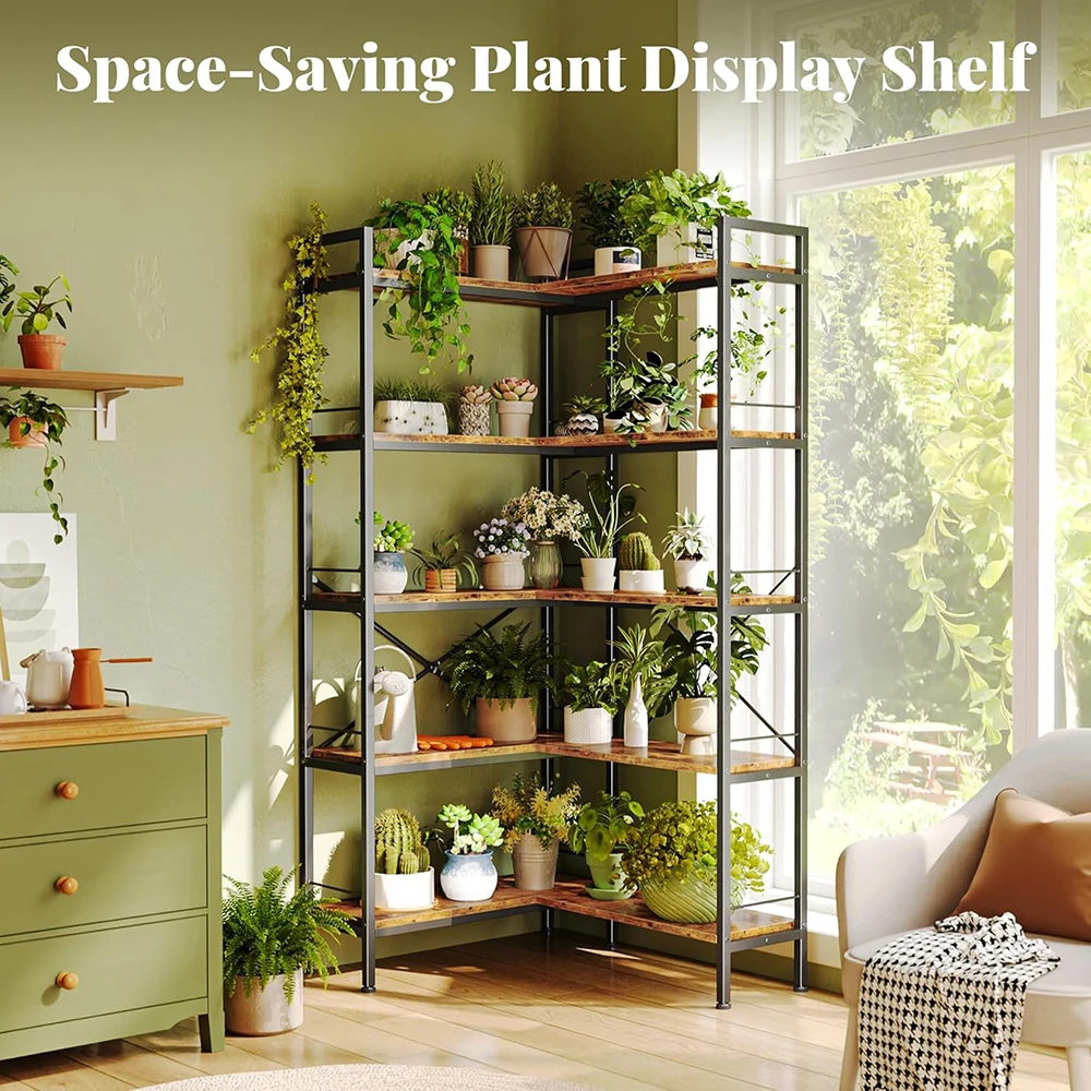 product nu deco mh26021 5 tier l shaped corner bookshelf 10 open shelves 494 inch wide metal frame wooden board adjustable feet modern-6